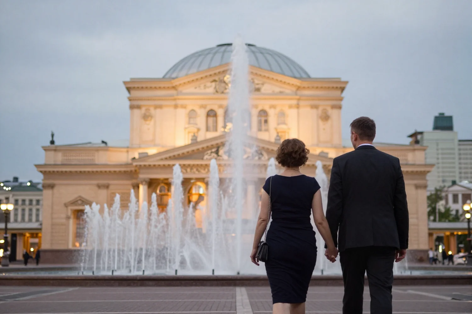 Пара у Новосибирского театра оперы и балета вечером