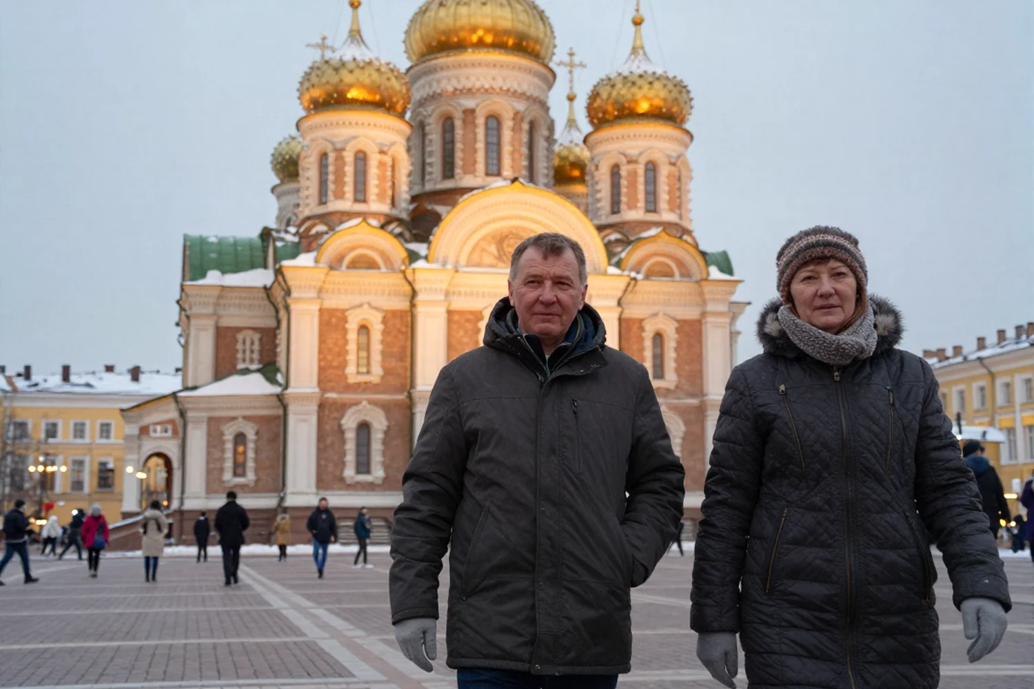 Пара у Успенского собора в Омске вечером